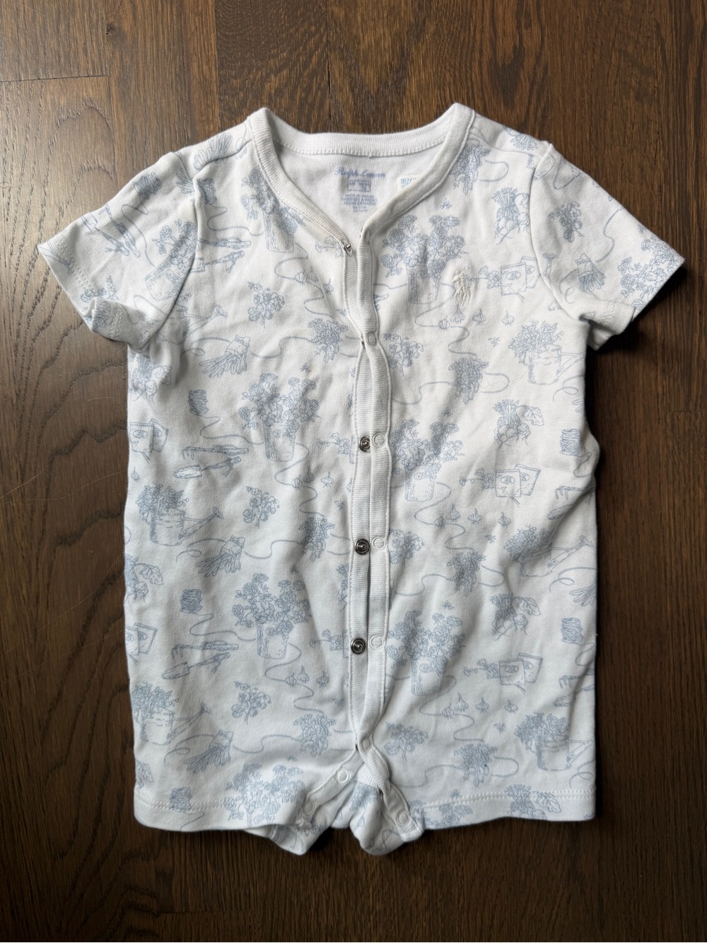 Ralph Lauren Baby Short Sleeve Romper - White with Light Blue Print